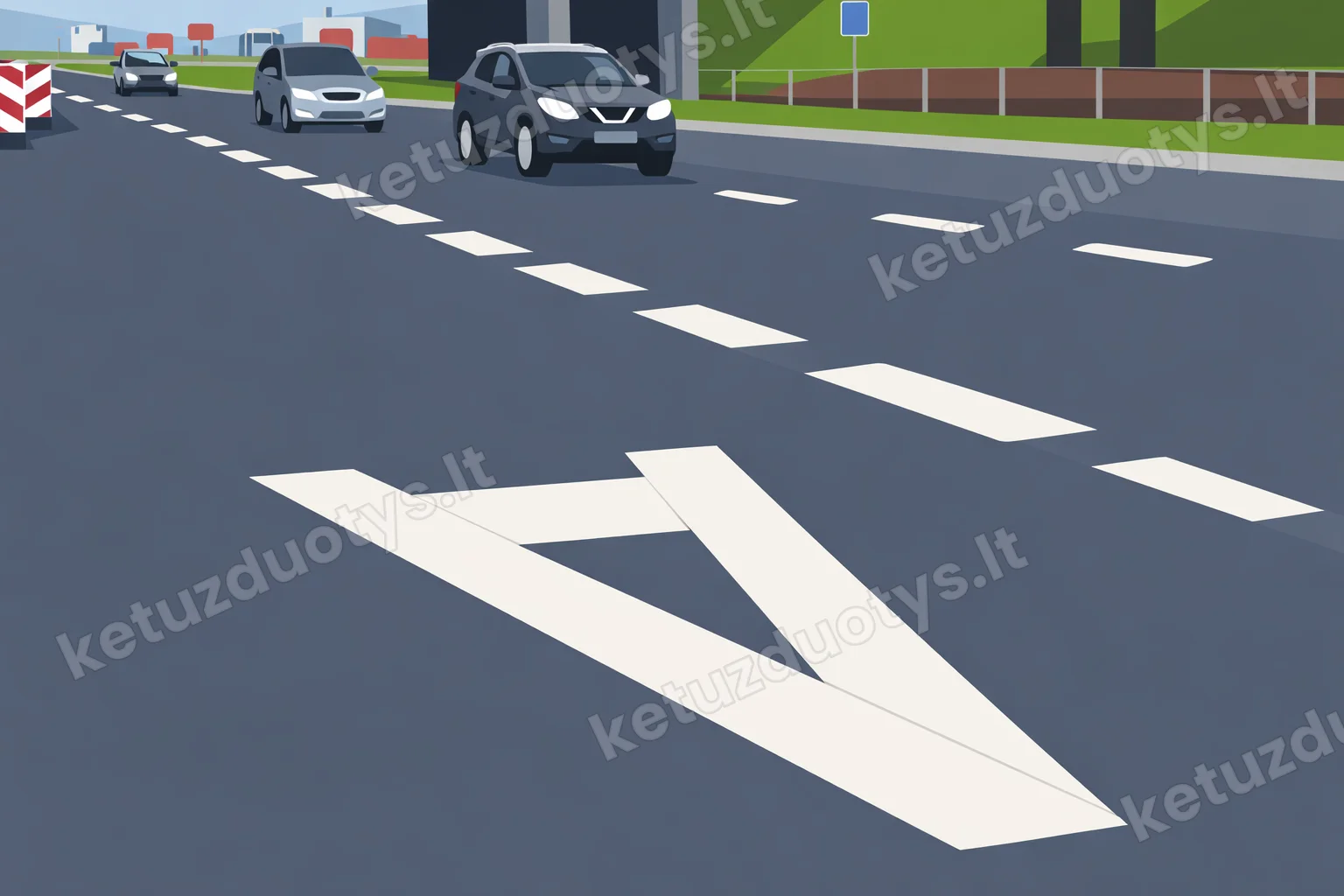 A road with a bus lane on the right, marked with the letter 'A'. The lane is separated by a broken white line. A car (A) is shown moving from the main lane into the bus lane to make a right turn at an upcoming intersection.