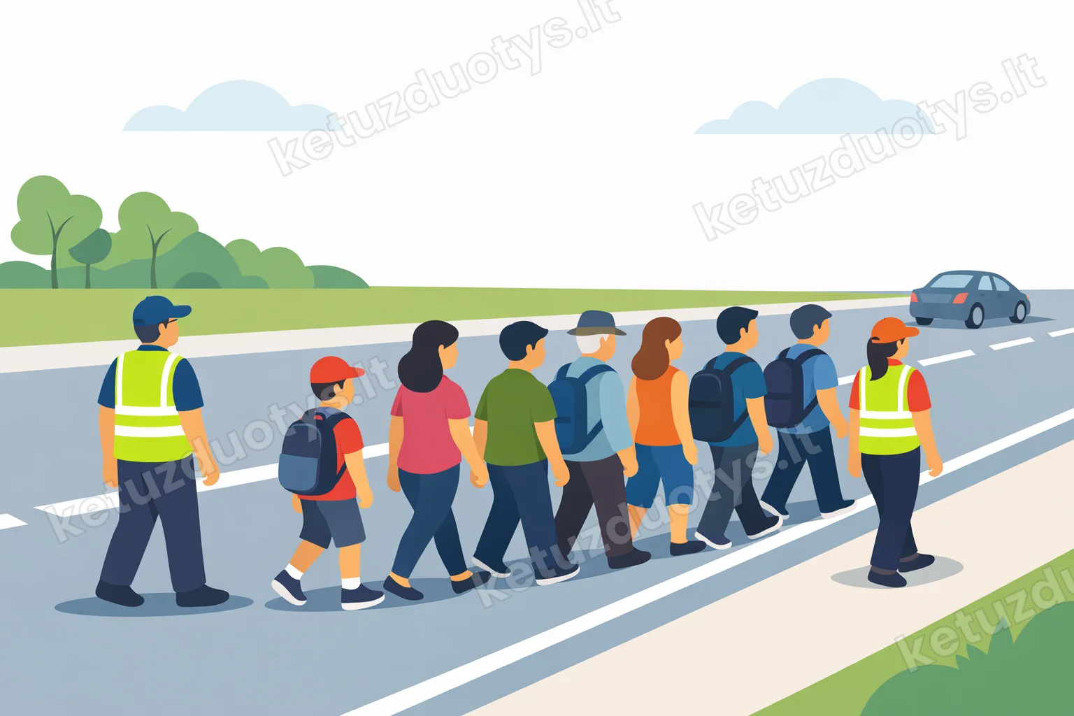 A group of pedestrians walking in an organized column on the right side of the road, in the direction of traffic. There are accompanying persons with high-visibility vests at the front and back of the column on the left side.