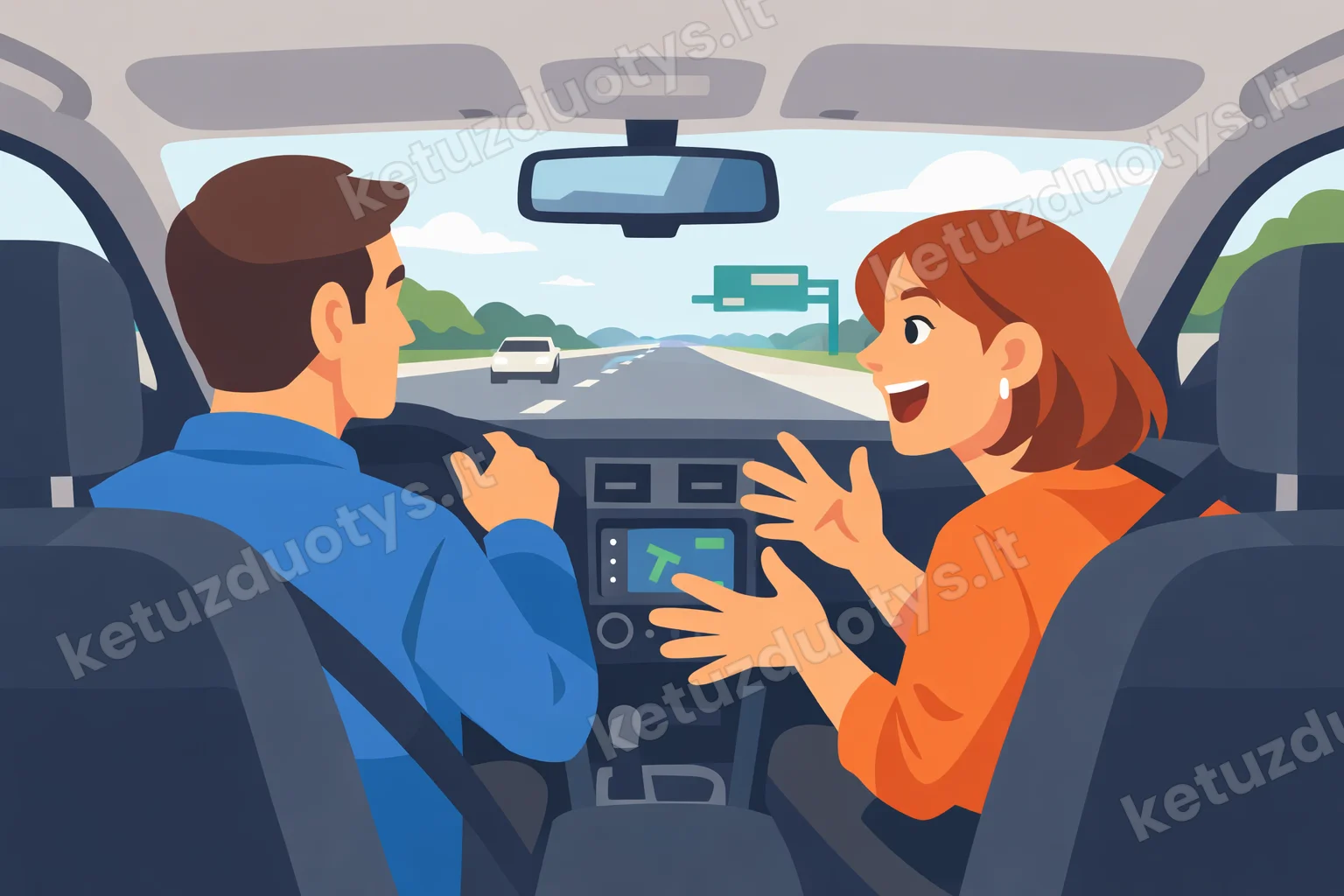 Inside a car, the driver is focused on the road. The passenger is gesturing wildly and talking animatedly to the driver, who looks annoyed and distracted.