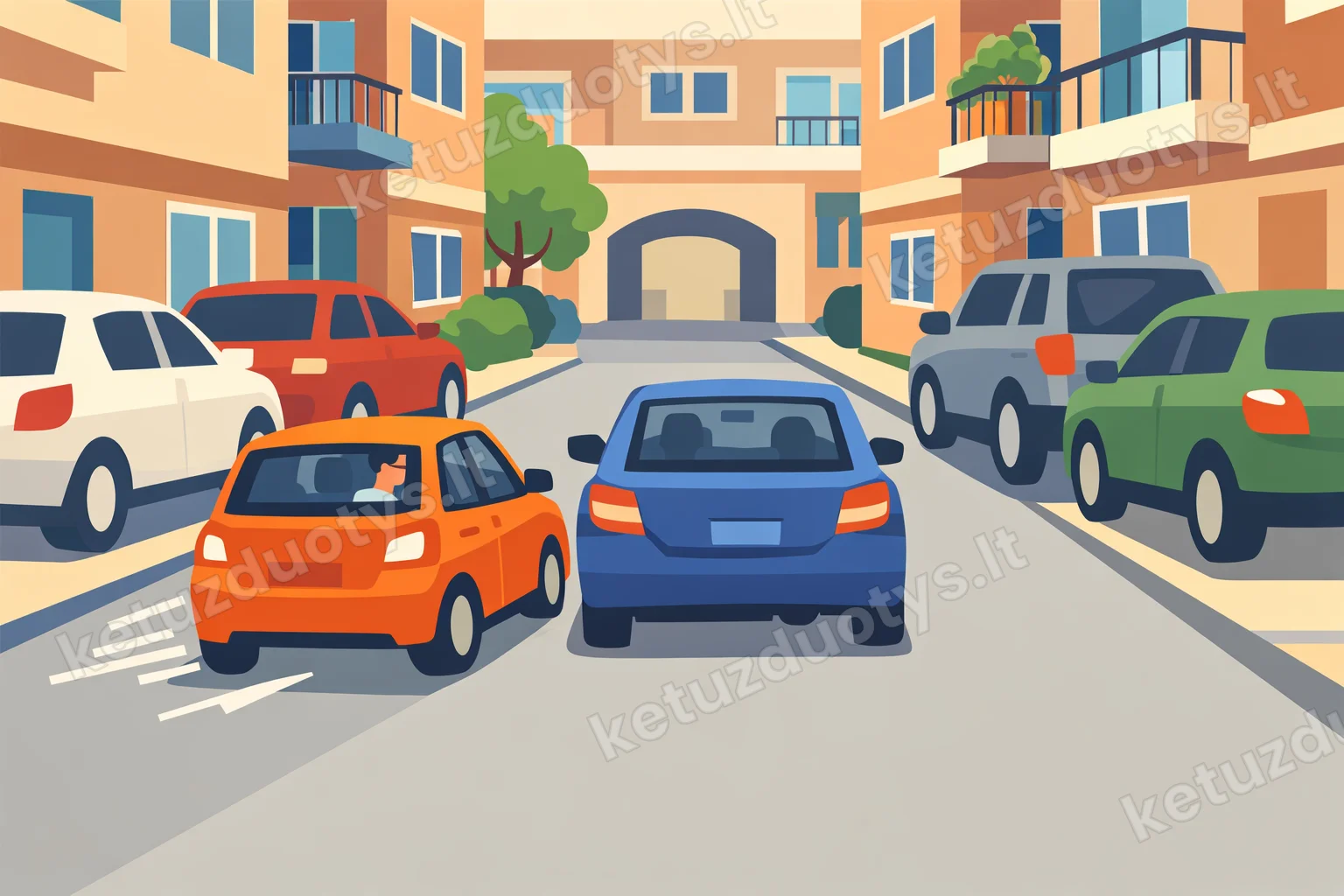 A car (A) is attempting to overtake another car (B) in a narrow apartment block courtyard with parked cars on both sides. The scene has a large red X over it to indicate it's forbidden.